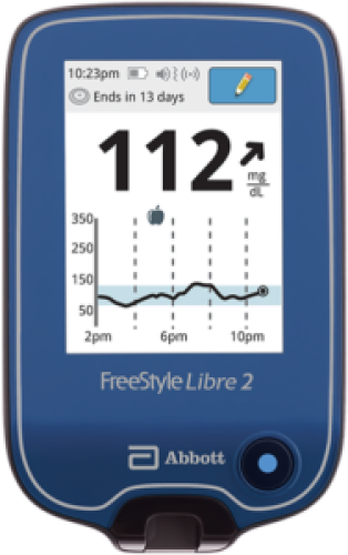 FreeStyle Libre 2 Reader. No continuous data transmission but measures every minute and displays at user request. Requires scan every 8 hours for continuous data.