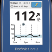 FreeStyle Libre 2 Reader. No continuous data transmission but measures every minute and displays at user request. Requires scan every 8 hours for continuous data.